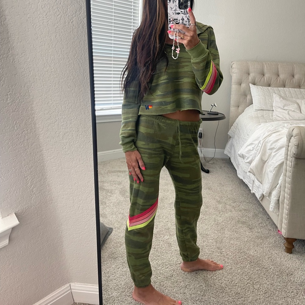 Aviator Nation Green Camo Track Pants and Top with Pink and Yellow Stripes